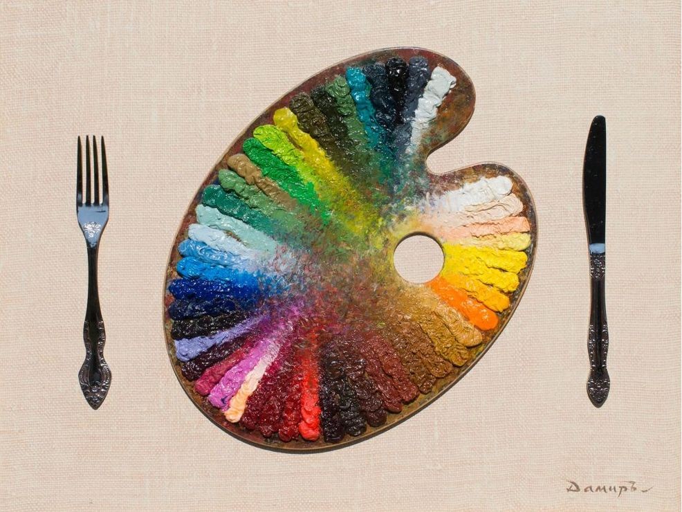 Bon appetit, 2013 oil on canvas, palette, cutlery; 40 x 50 cm.