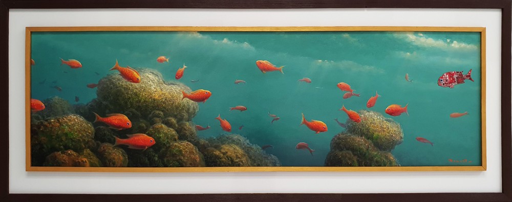 Красные рыбки, 2019 г.холст, масло. 62x202 см.