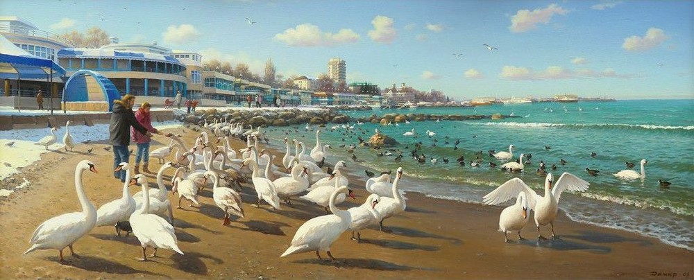 Swans in Anapa, 2008. Canvas, oil. 70 x 170 cm.