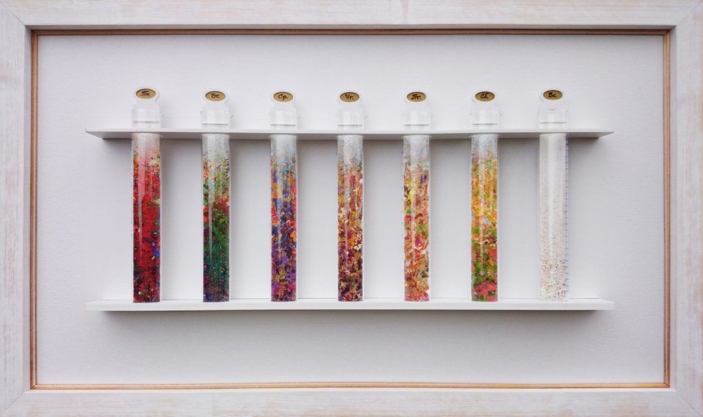 A Pictorial Test – A Week, 2015, plastic, oils, acryl, glass 250 ml flasks; 55 x 95 cm