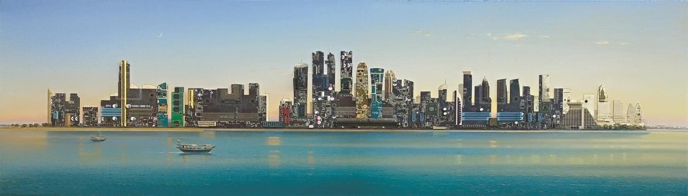 Doha XXI century, 2019 oil, plastic, elements of computer boards, 42x146 cm